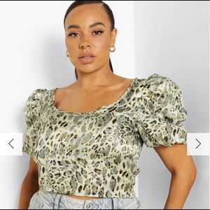 NWT leopard satin puff sleeve crop top